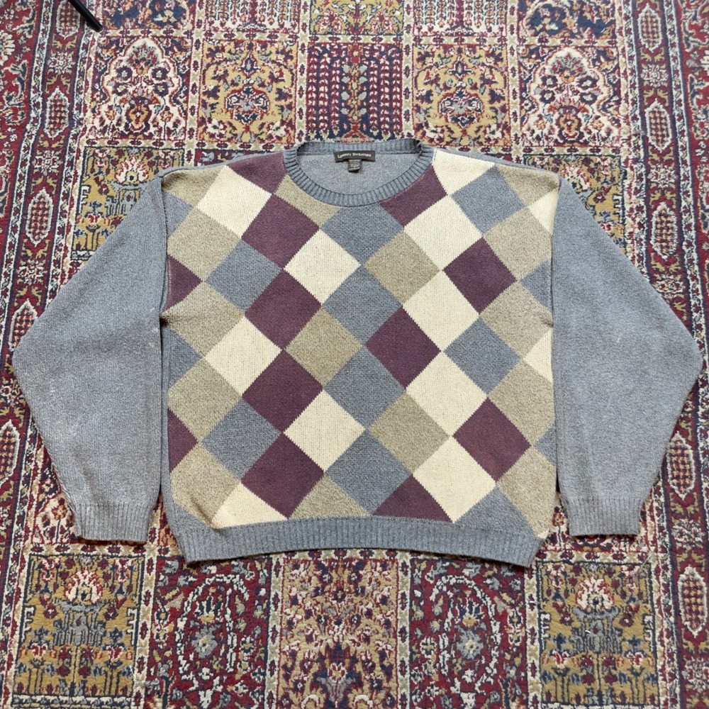 VTG 90s LIBERTY SWEATERS Argyle Knit Sweater Gray Burgundy Cream L USA‎ cotton